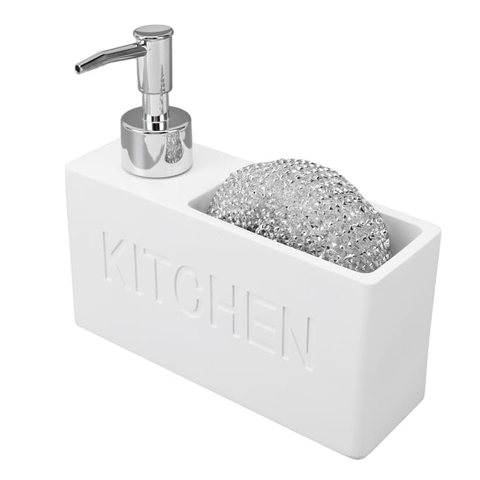 Keukenzeepdispenser met Sponshouder Druktype Afwasmiddeldispenser Pompfles met Staal white