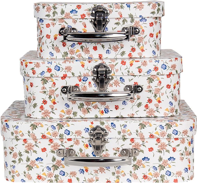Clayre & Eef Decoratie Koffer Set van 3 30x22x9/25x20x9/20x17x8 cm Wit Karton Bloem