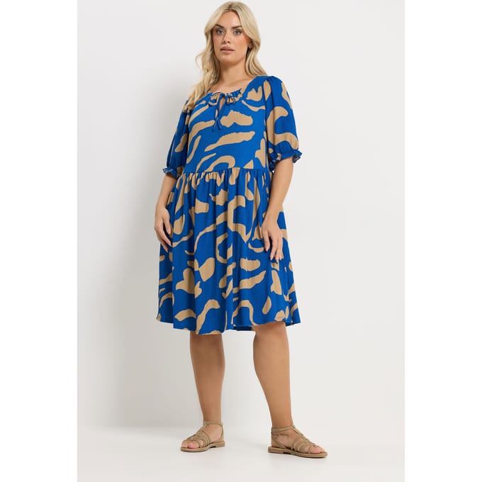 Yours Blauwe Abstracte Jurk Met Strik Aan De Voorkant Size 50-52