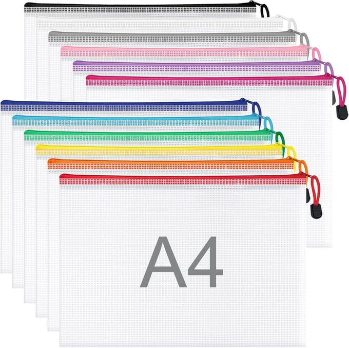 Documentenvakken, A4-formaat, waterdichte mesh documententas met ritssluiting, ritsvak voor documenten, documentenvakken voor kantoor, school en reizen (33 x 23 cm, 12 kleuren)