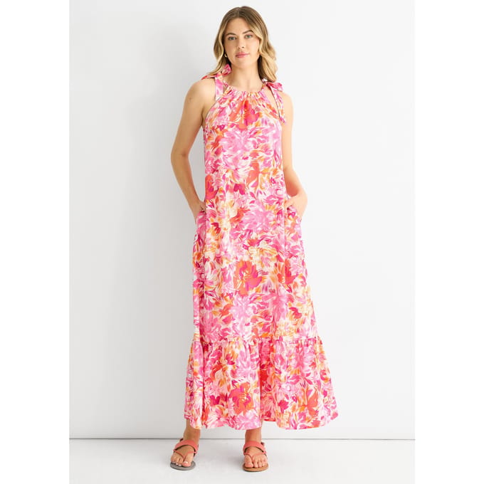 Trapeze jurk met rode bloemenbandjes