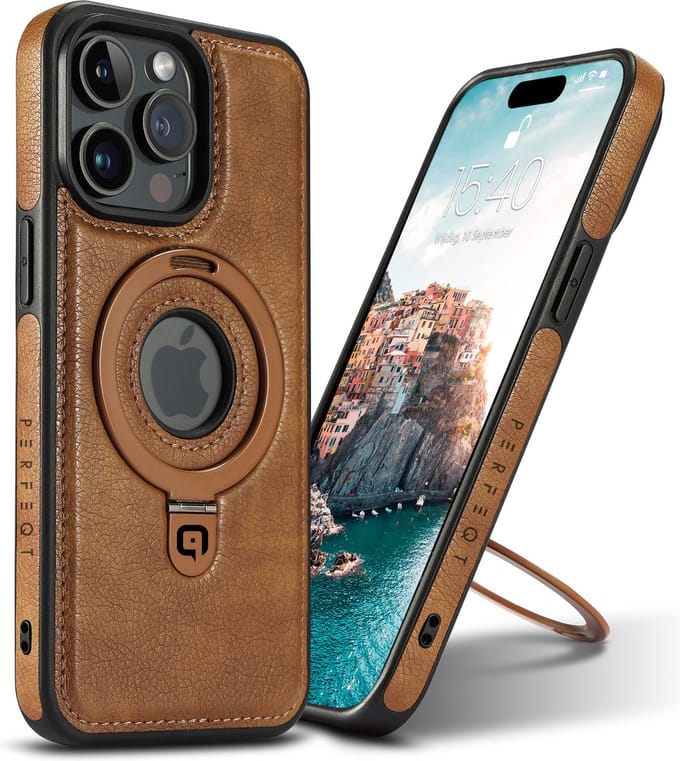 Perfeqt hoesje geschikt voor iPhone 16 Plus leren BackCover met Kickstand & Keyring houder - Brown