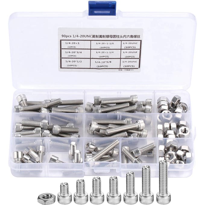 90 pièces 1 4 20UNC Acier Inoxydable Vis à Tête Creuse Hexagonale Kit d'Assortiment de Vis Hexagonales