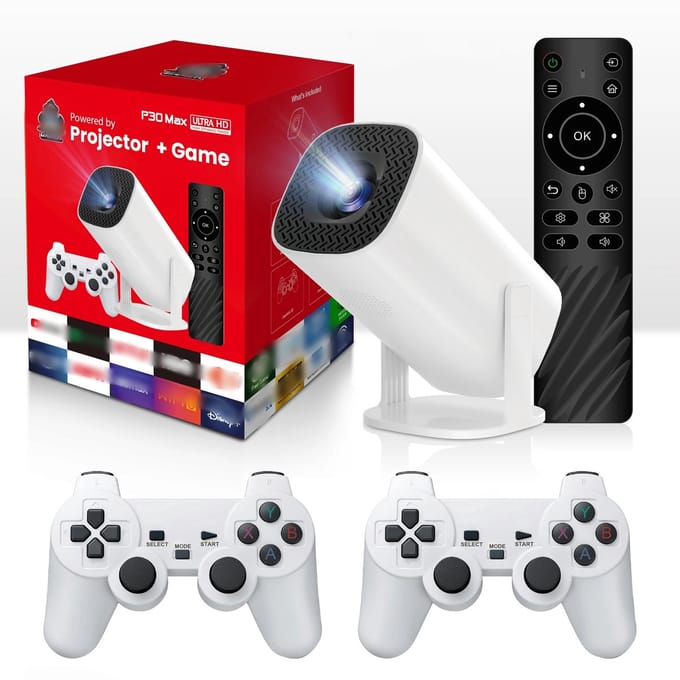 ECTEATOY® Mini Beamer – HD Smart Projector met WiFi 6 & Bluetooth 5.4 – 4K Support – Inclusief 2 Draadloze Controllers & Retro Games – Wit