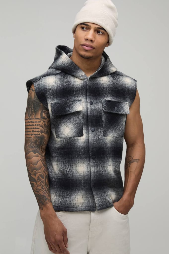 Oversized Brush Check Hooded Sleeveless Overshirt | Black | Size Medium
