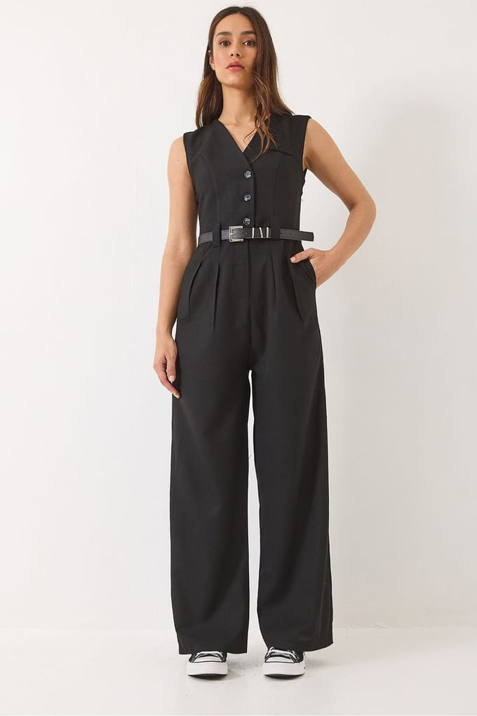 V-hals Wijde Pijpen Jumpsuit met Strikdetail