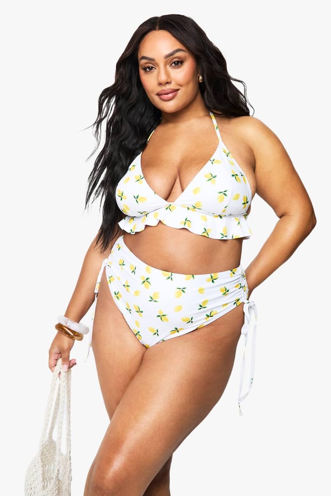 boohoo Dames Plus Lemon Print High Waist Bikini Brief | Maat: 28