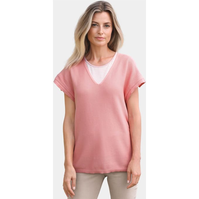Katoenen pullover met V-hals en korte mouwen - rosé - Gr. 40 van Goldner Fashion