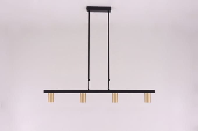 Hanglamp strak zwart met 4 gouden Gu10 spots - 110cm