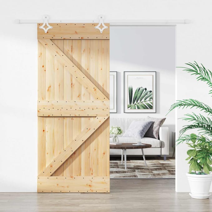 vidaXL - Schuifdeur - Natuurlijk - en - Wit - 90 - x - 210 - cm - Massief - grenenhout