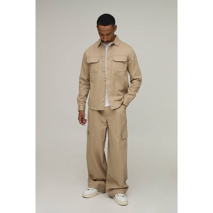 Regular Overhemd & Straight Fit Cargo Broek Set | Stone | Size Large
