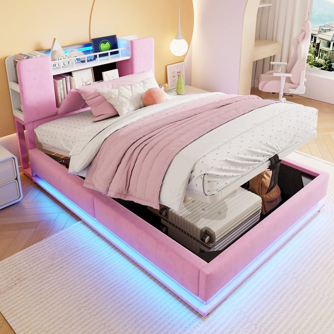 MODFU Bedframe 90x200 cm, gestoffeerd fluweel, met LED, USB en opbergruimte, roze