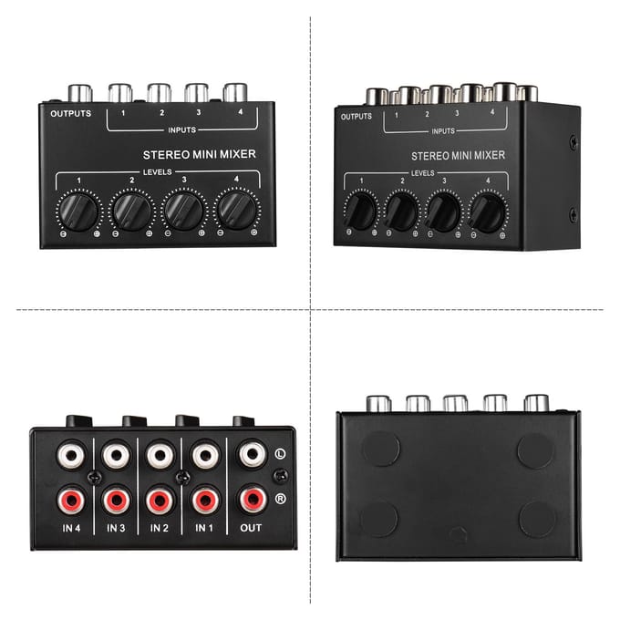 Mini-stereo-audiomixer met 4-kanaals RCA-ingangen en aparte volumeregelaars zwart