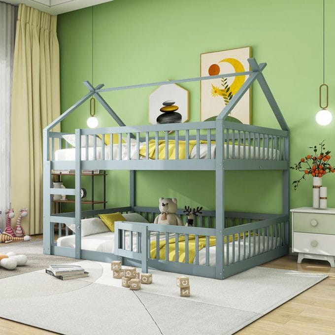 Lit superposé - MUVOE - 140x200 cm - Bois massif - Gris - Design loft gris