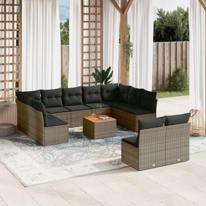 vidaXL - 12-delige - Loungeset - met - kussens - poly - rattan - grijs