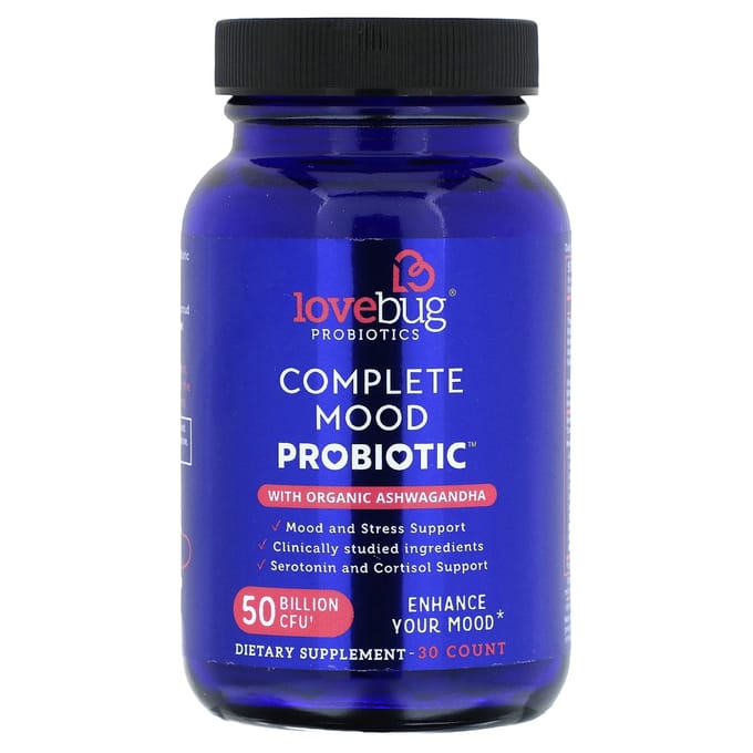 LoveBug Probiotics, Probiotique Complet pour l'Humeur avec Ashwagandha Bio, 50 Milliards d'UFC, 30 Comprimés