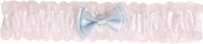Kousenband grote maat - wit met blauw strikje