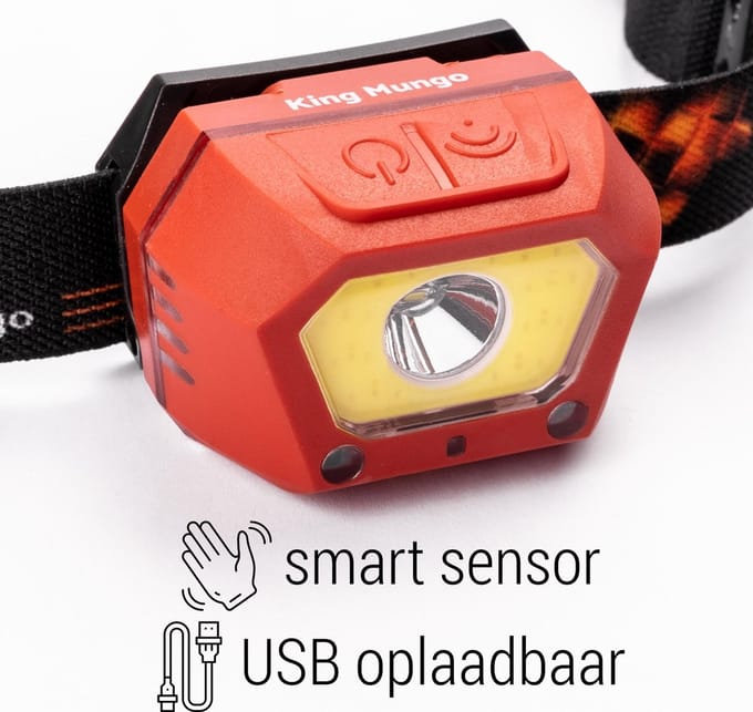 Hoofdlamp LED Oplaadbaar Rood - Bewegingssensor - 300 Lumen - King Mungo KMHL035