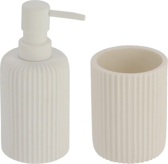 Tendance Badkamer accessoires set 2-delig - Polyresin - wit - geribbeld - luxe set