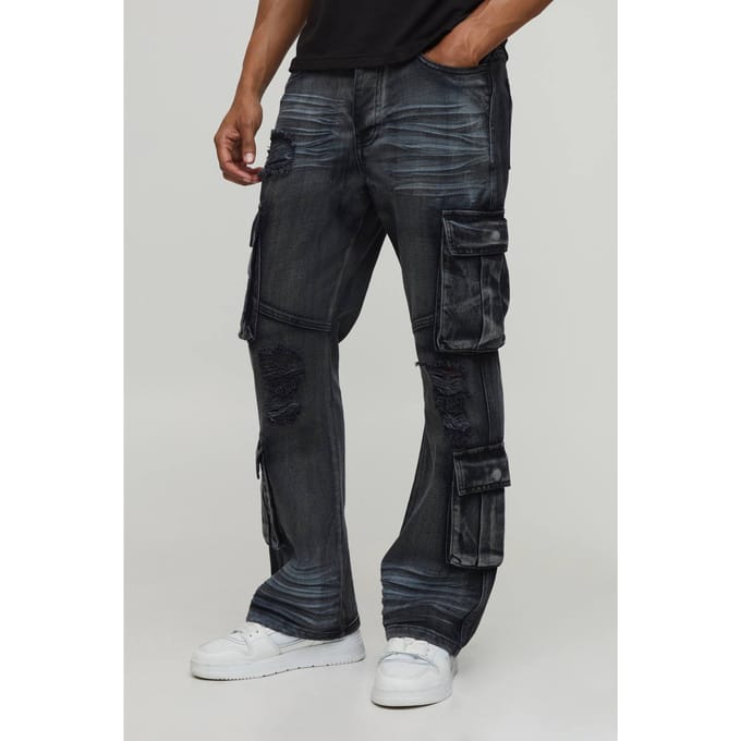 Crease Wash Slim Flare Cargo Jeans | Charcoal | Size 46R