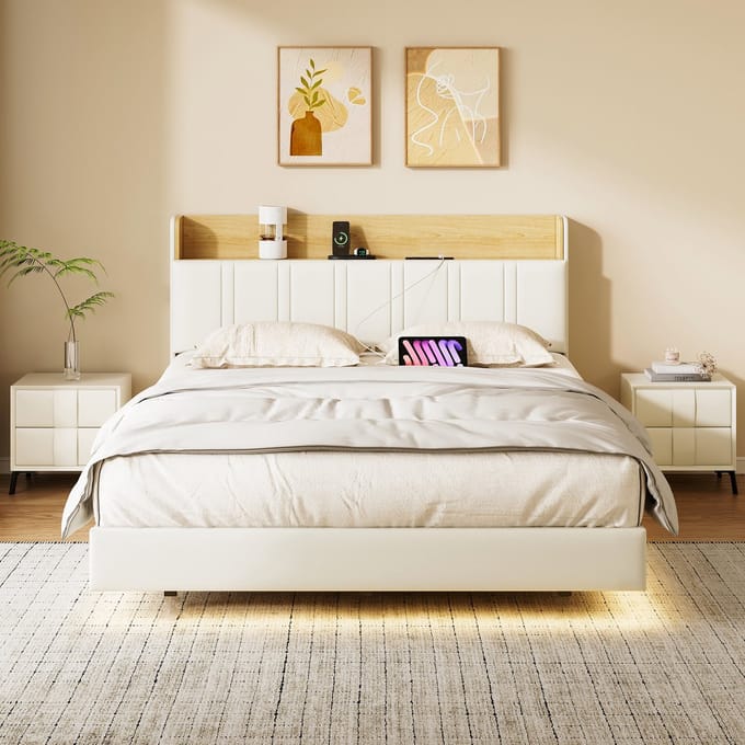 Zwevend Bed 140x190 Wit PU – met LED & USB