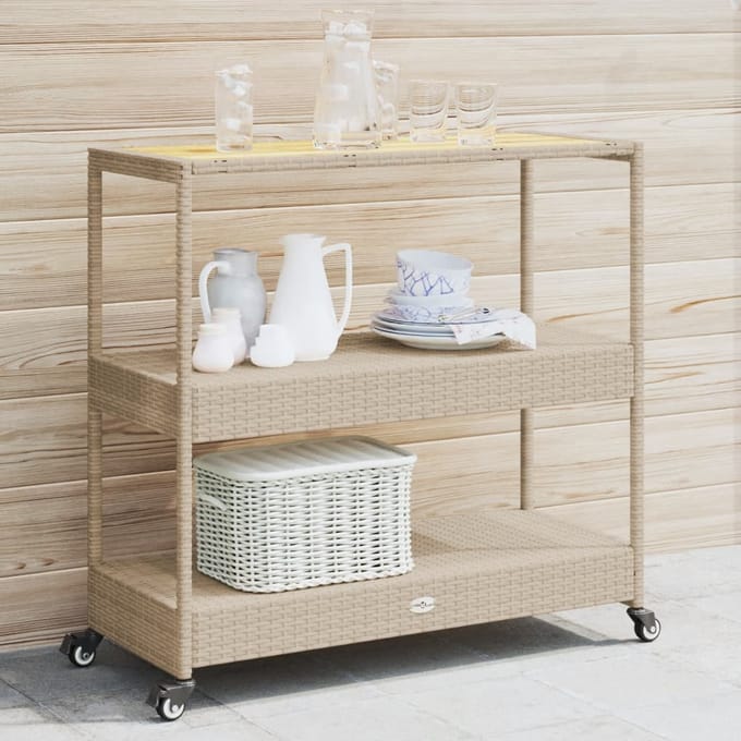 vidaXL - Keukentrolley - 3-laags - poly - rattan - en - massief - acaciahout - beige