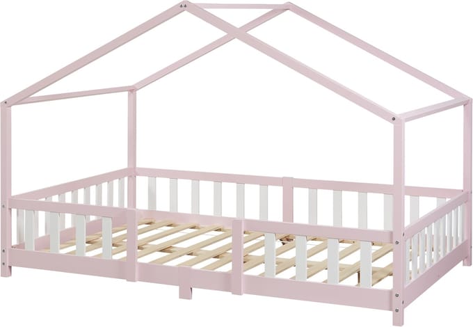 Kinderbed Treviolo huisbed 140x200 cm roze en wit [en.casa]