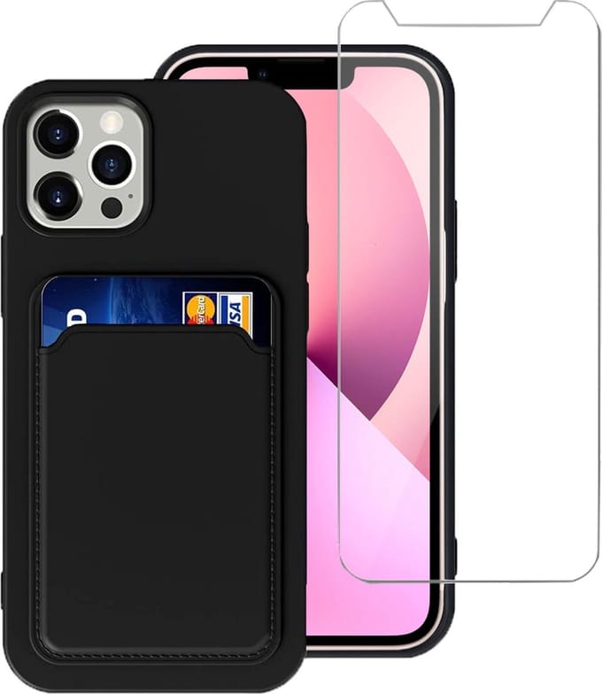 Geschikt voor iPhone 13 Pro Hoesje - Case Zwart + Screenprotector - Pasjeshouder - shockproof - Glas - beschermglas