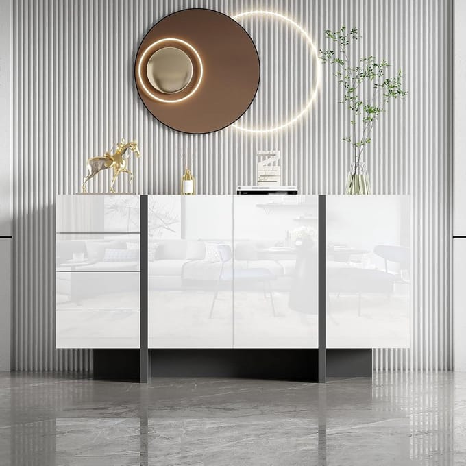 Buffet Kast - Dressoir Ladekast - Opbergen Woonkamer - Minimalistisch Design - 150 x 40 x 80 cm - Wit Hoogglans