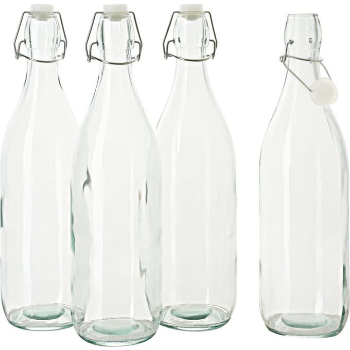 VBS Glazen fles met clip-sluiting "Rond", 900 ml, 4 stuks