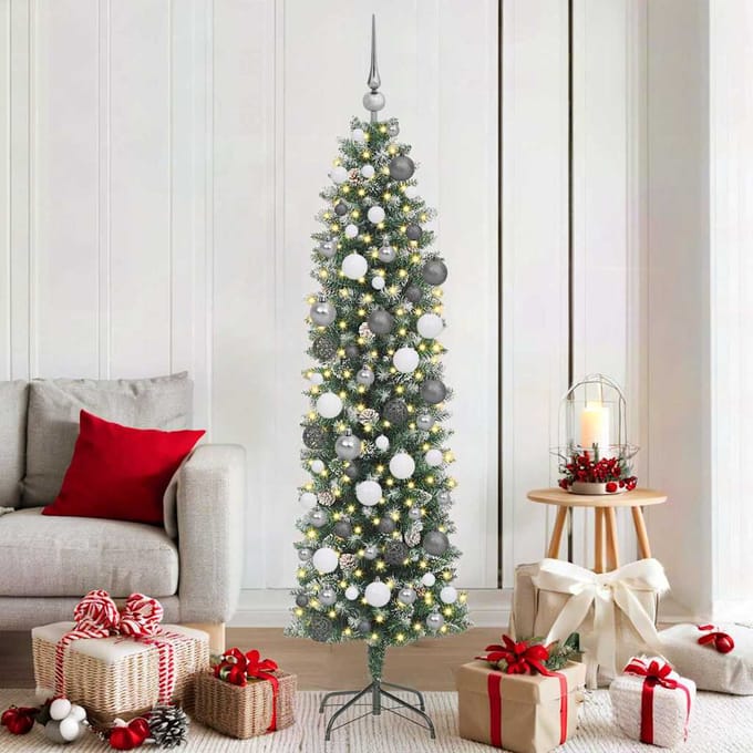 vidaXL Kunstmatige slanke kerstboom Groen en Wit 180 cm
