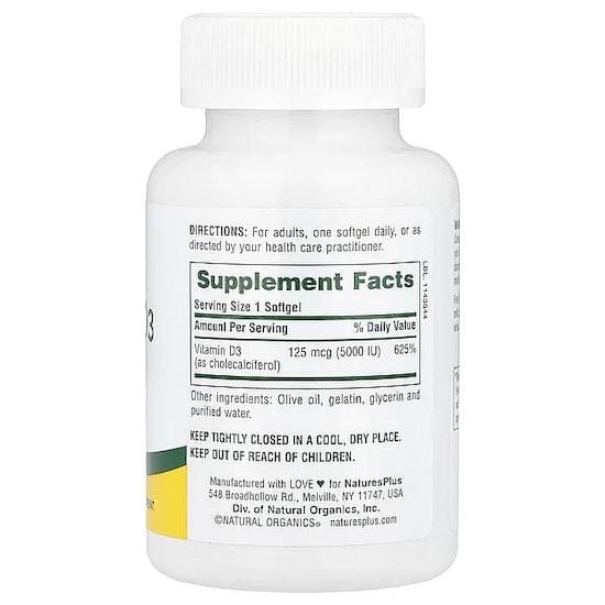 Nature's Plus- Vitamine D3, 5000 UI, 60 Gélules Molles