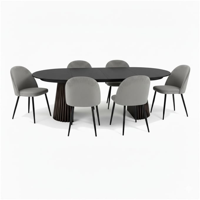 Tokyo eethoek eettafel zwart, 6 stoelen met grijze velours bekleding.