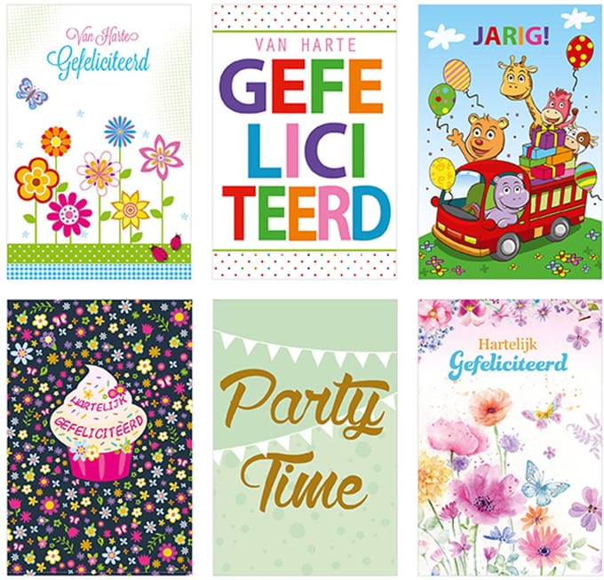 6 dubbele wenskaarten met envelop - Gefeliciteerd - 11,5 x 17 c