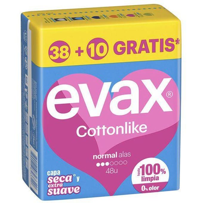 Serviettes Hygiéniques Coussinets EVAX COTTONLIKE normaux ailes 48 u