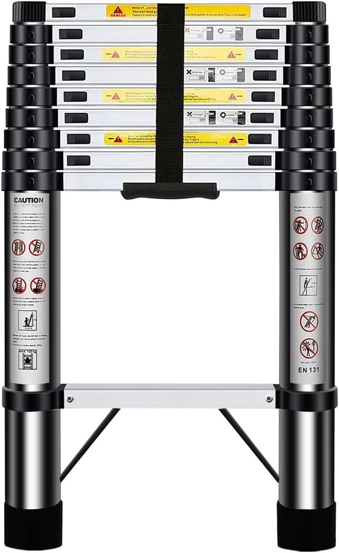 Uitschuifbare Telescoopladder, 2,9 Meter Aluminium, Inklapbaar met Stabilisator en Haken, Max. 150 kg