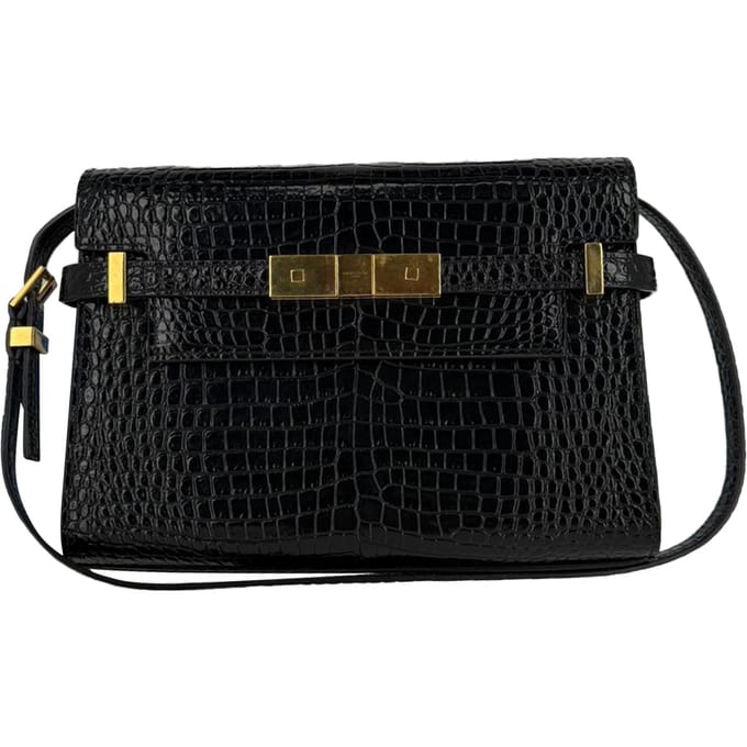 Saint Laurent Croco Gegraveerde Manhattan Schoudertas in Zwart Leer