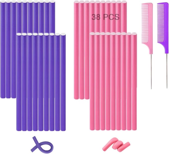 Krulstangen Set - Haarrollers Flexibel - Haar Stijlen - Hitteloos Resultaat - 38 Stuks - Paars Roze