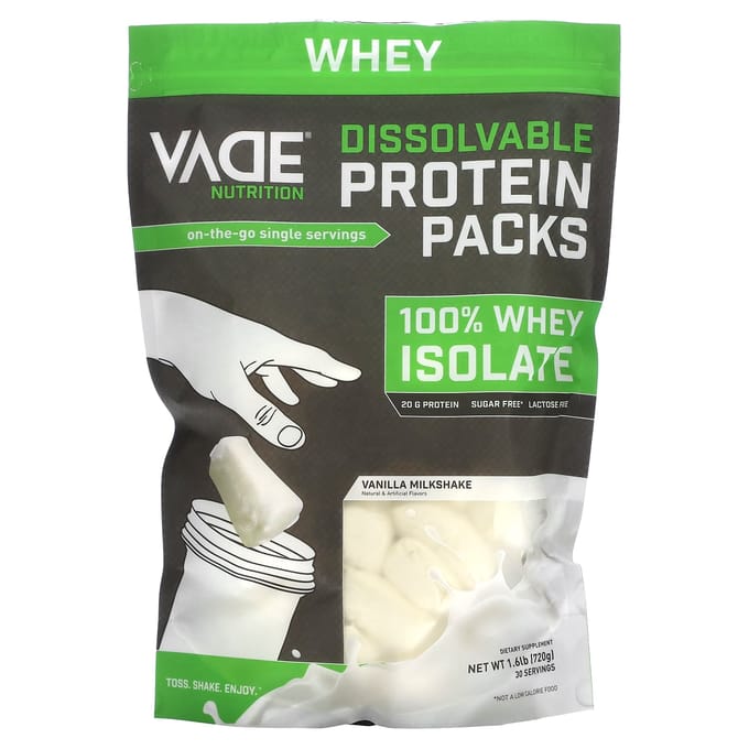 Vade Nutrition, Pack de Protéines Solubles, 100% Isolat de Whey, Milk-shake Vanille, 1,6 lb (720 g)