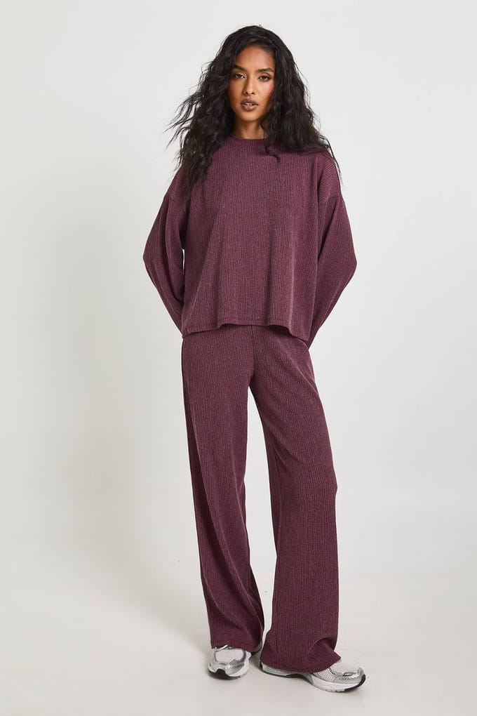 boohoo Dames Gestructureerde Wijde Broek met Trekkoord in de Taille | Plum | Maat: 8
