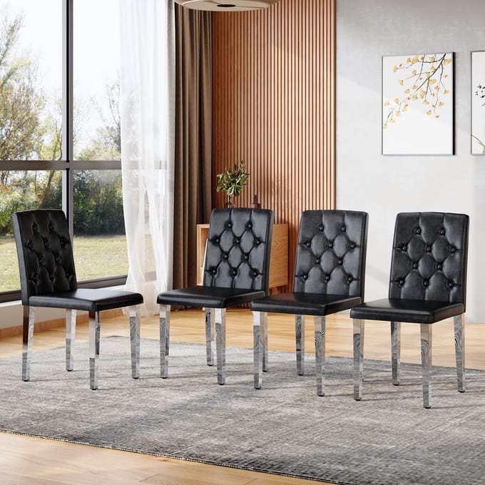 MODENUIT Eetkamerstoel - Set Van 4 - Ruitgestikte Rugleuning - Voor Eetkamer En Horeca - PU Zwart/Zilver