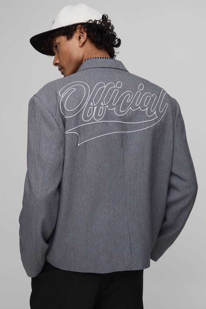 Oversized Blazer Met Visgraatmotief En Rugapplicatie | Slate | Size 34