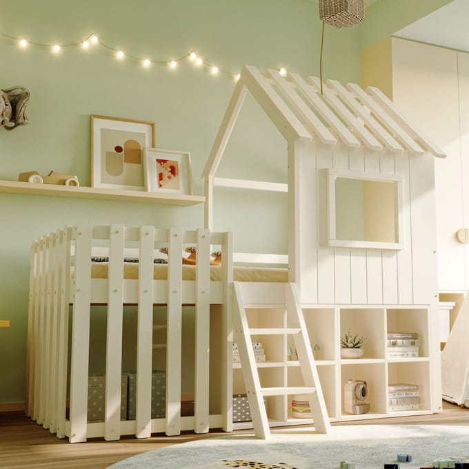 MODFU - Kinderbed 90x200 cm – Wit massief hout met huisdesign & ladder – Opbergruimte
