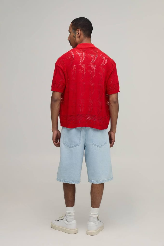 Ontspannen Gebreid Overhemd Met Open Steek En Sterdetail | Red | Size Medium