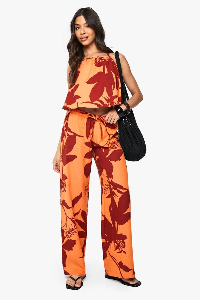 boohoo Dames Abstract Bloemmotief Halternek Crop | Orange | Maat: 6