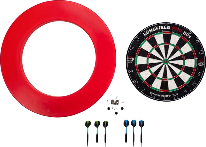 Longfield Darts -Dartbord Pro501 inclusief surround rood en 2 sets darts.