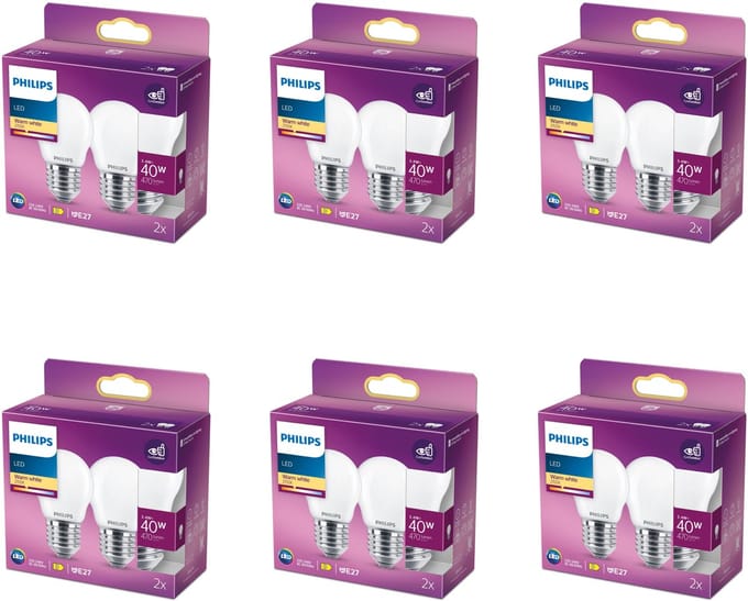 Philips Voordeelverpakking - E27 - LED Kogellamp - Mat - 40W - Niet Dimbaar - Warmwit Licht - Set van 12 Stuks