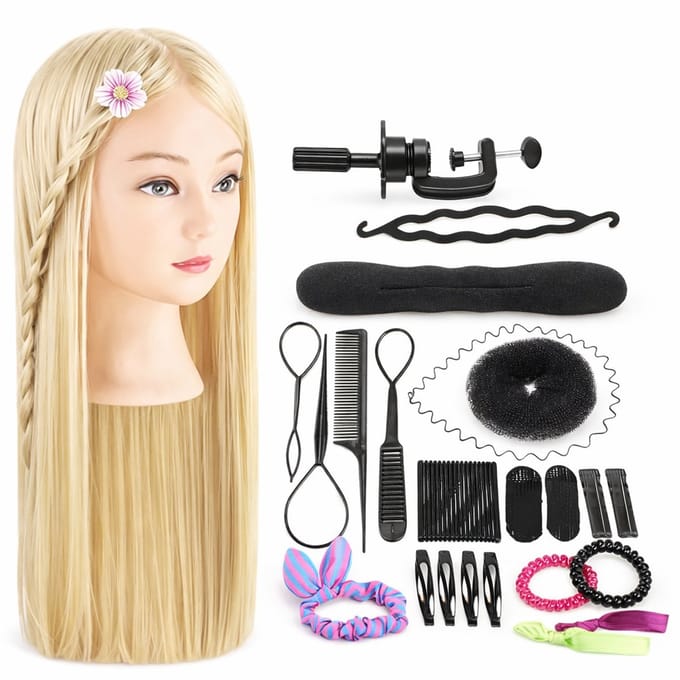 Kappershoofd Oefenhoofd Kaphoofd Kapperspop - Kappers Pop Blond haar - Met statief en Styling Accessoires - 70 cm