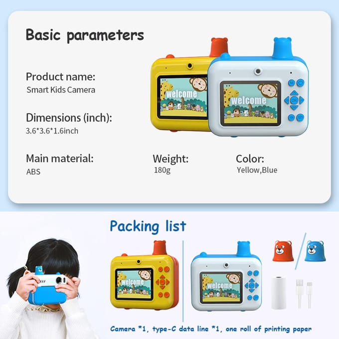 Kinderen Instant Print Camera Kindercamera 1080P Digitale Camera voor Kinderen 2,36 Inch IPS Scherm Dubbele Lens geel