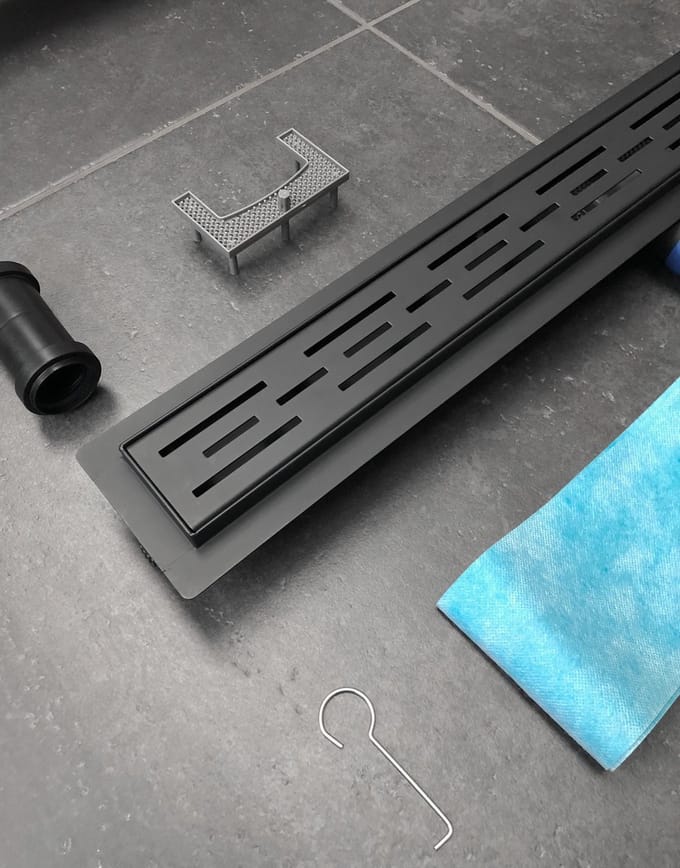 RVS Douchedrain Mat Zwart met Flens 100 cm - Douchegoot + Uitneembaar Sifon + Uitneembaar haarfilter